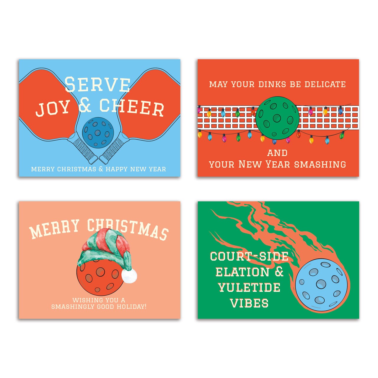 Pickleball Christmas Greeting Cards Boxed Set of 24 Holiday Notecards Featuring Fun Pickleball-Themed Designs and Puns, Perfect for Pickleball Players and Fans